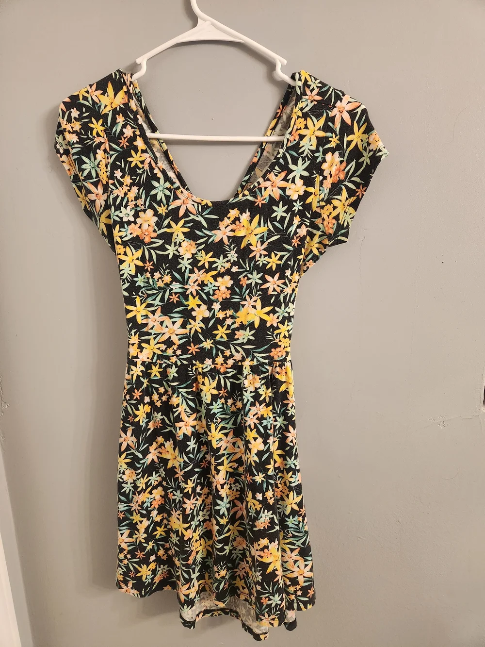 Floral Fit & Flare Dress in Black with Yellow & Peach Flowers